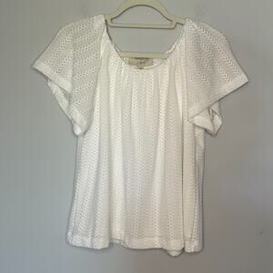 Loft Womens Lace Flutter Sleeve Top Size Small White Lined Stretch Career Preppy